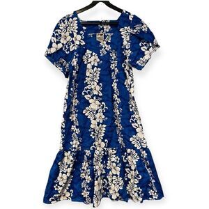 Hawaiian Togs Vintage Blue Tropical Flare Hem Dress w/Pocket Size Small